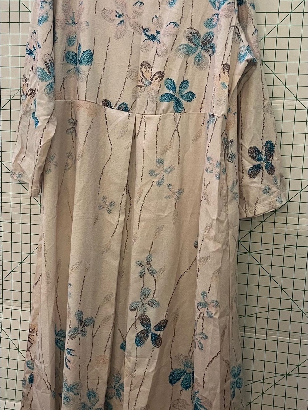 Long Sleeve Floral Midi Dress in Cream with Teal Accents